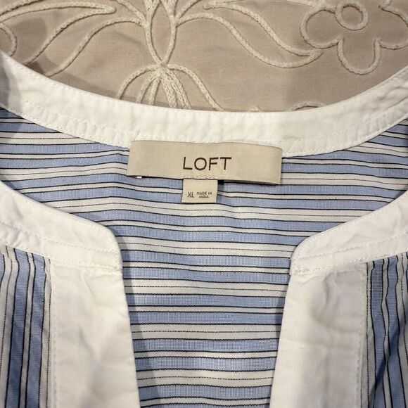 LOFT Striped Popover Blouse Size XL Blue White Split Neck 3/4 Sleeve Cotton Top - Picture 7 of 10
